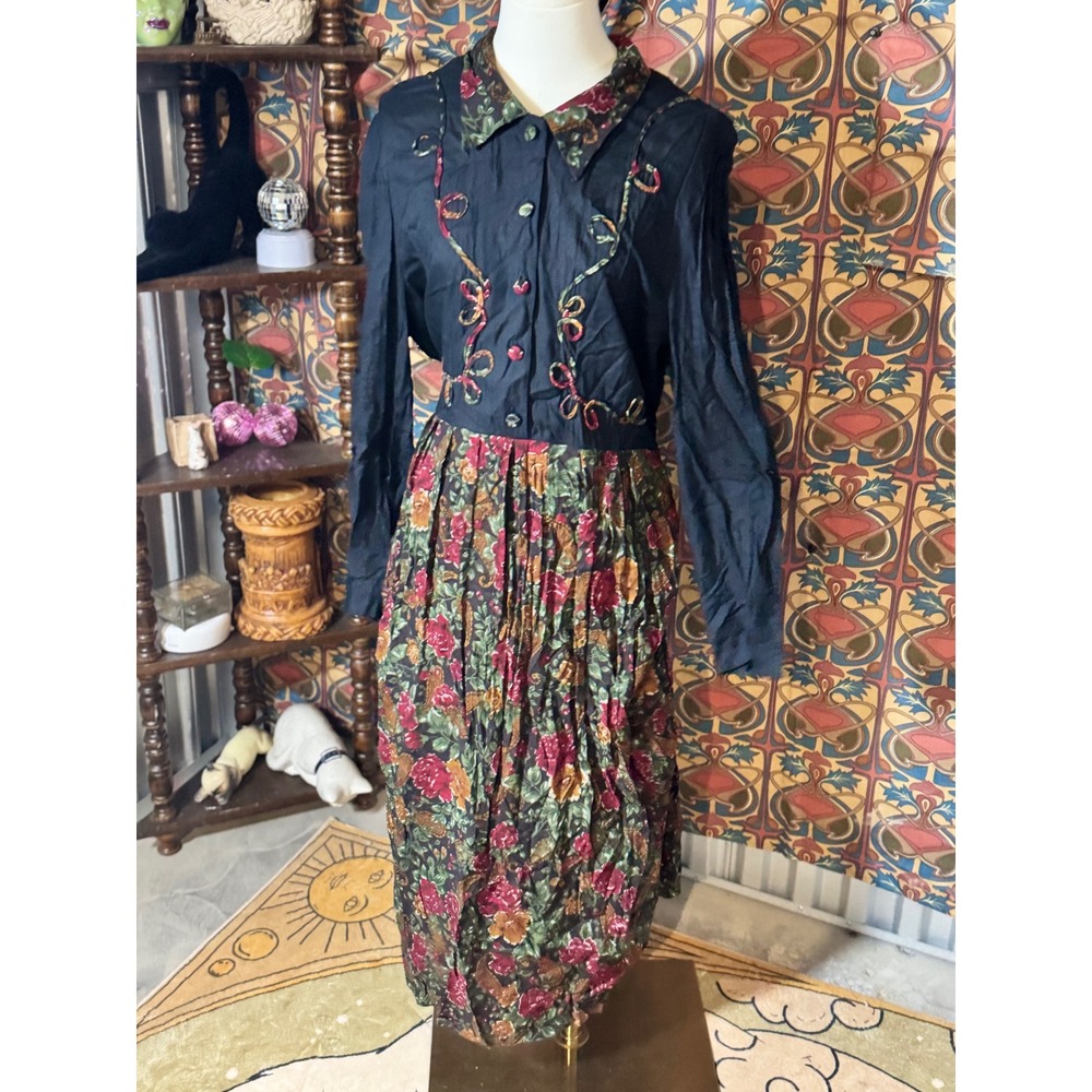 Vintage‎ 90s Midi Dress Floral Embroidered Long Sleeve Cottagecore